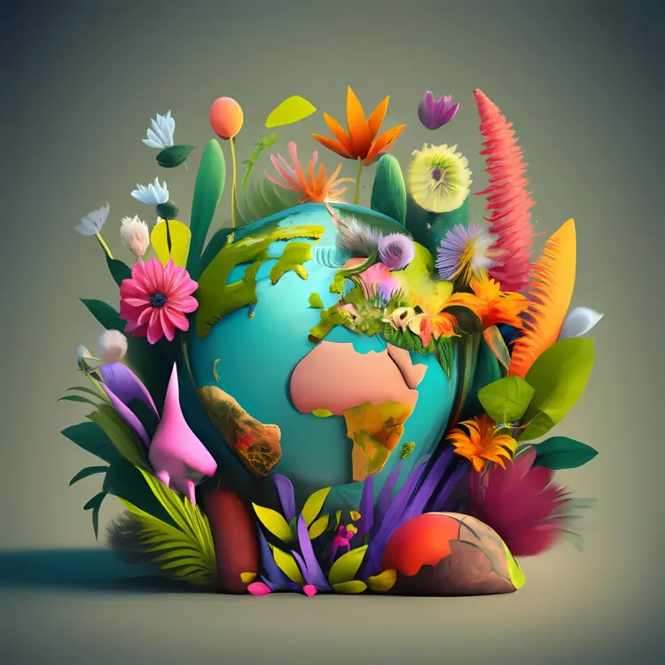 Earth Day Globe with Colorful Plants and Flowers