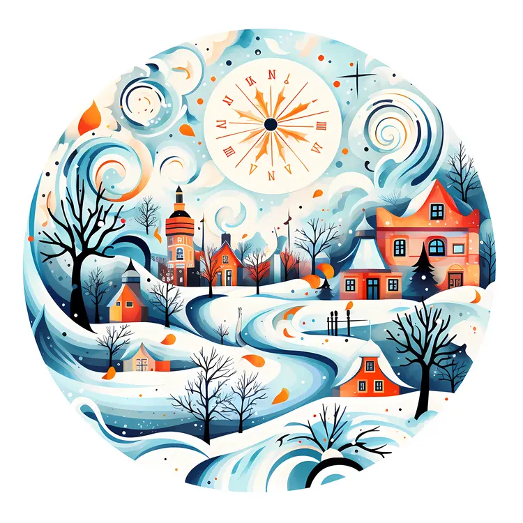 Winter village with clock