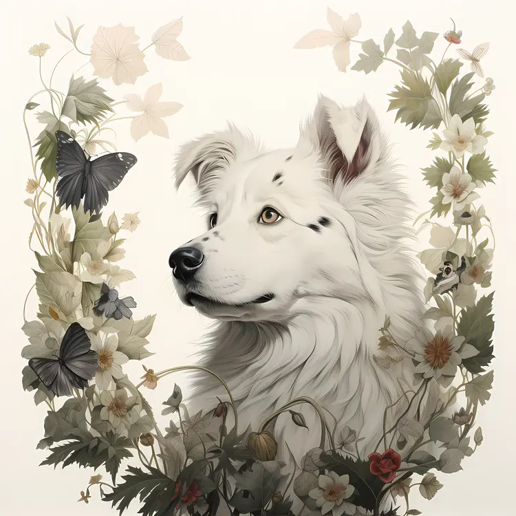 White Dog with Floral and Butterfly Background
