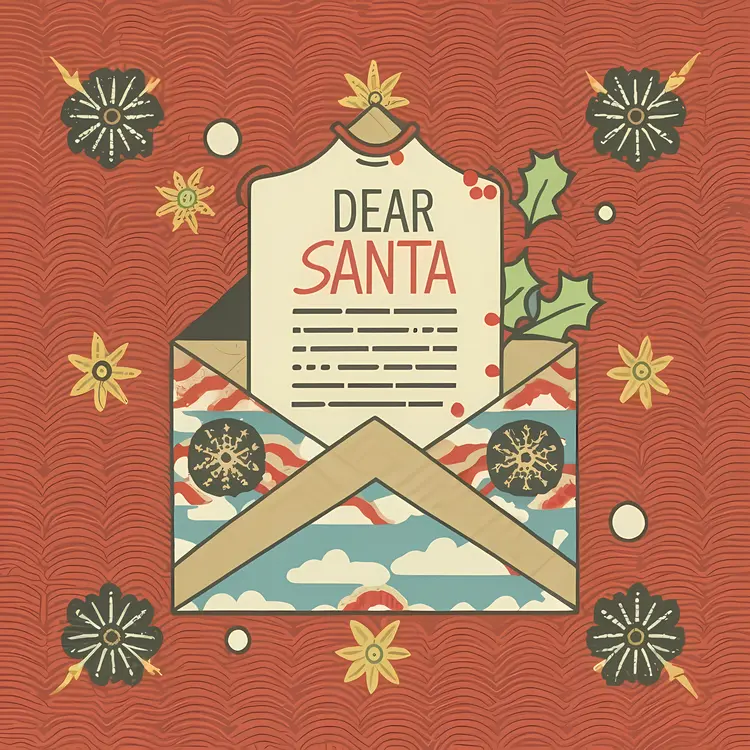 Dear Santa Letter in Patterned Envelope with Holly and Snowflakes