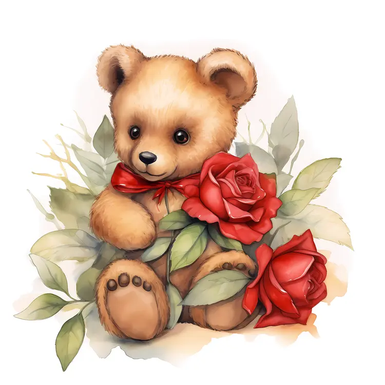 Teddy Bear with Roses and Red Bow