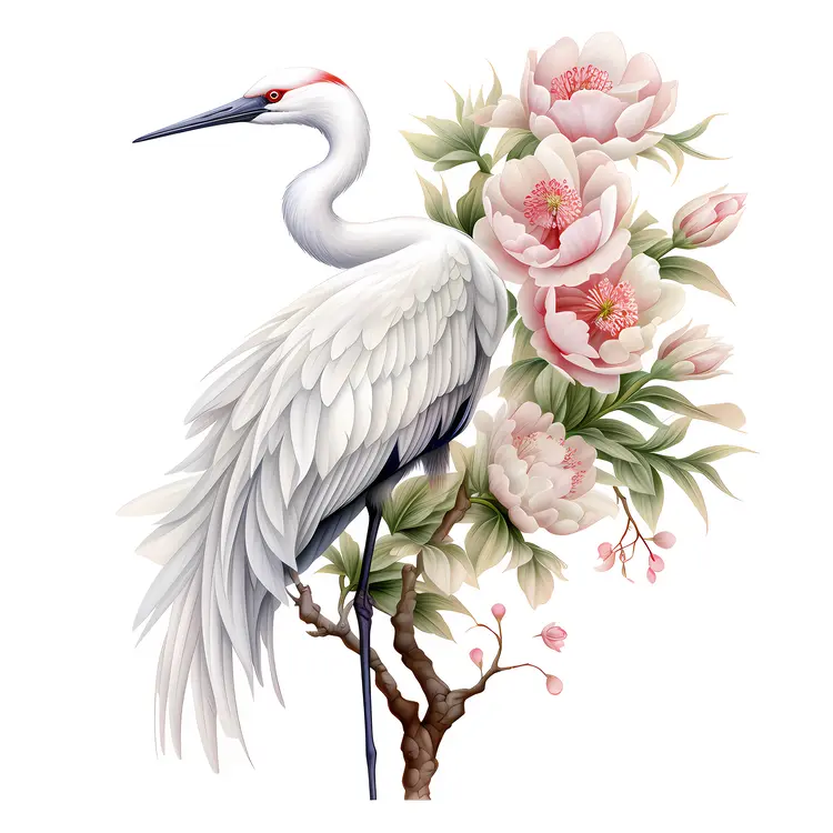 Elegant White Crane with Flowers
