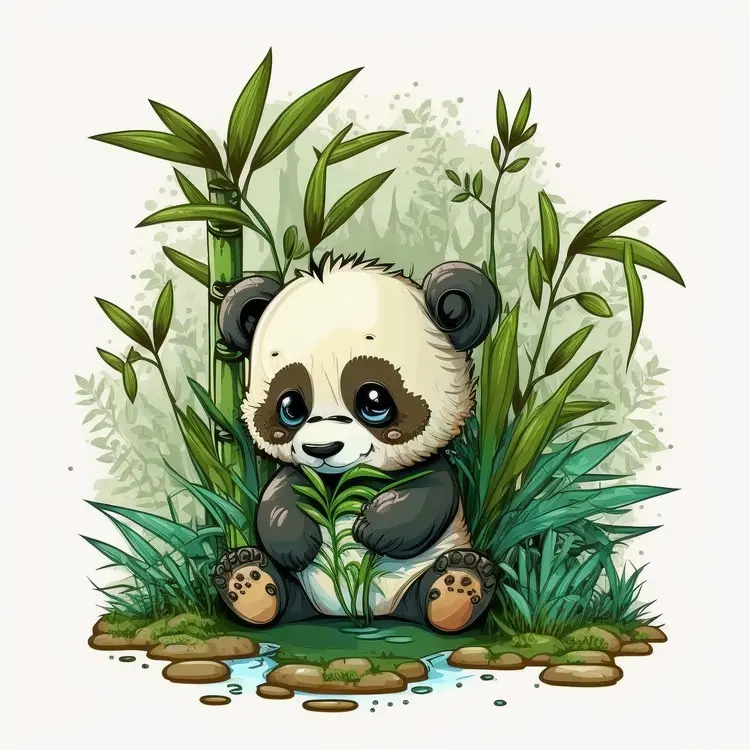Cute Cartoon Panda in Bamboo Forest