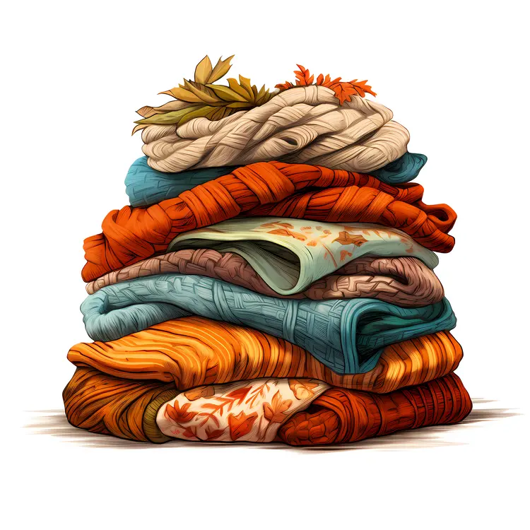 Stack of Colorful Sweaters with Leaves