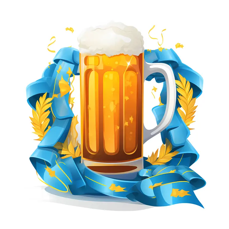 Festive Beer Mug with Blue Ribbon and Wheat for Oktoberfest Celebration