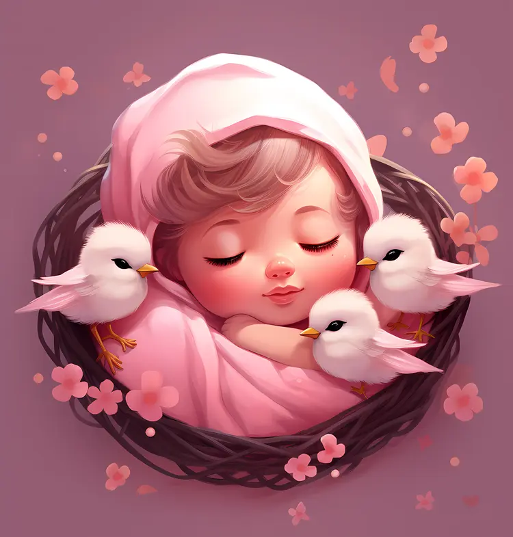 Sleeping Baby in a Nest with Birds