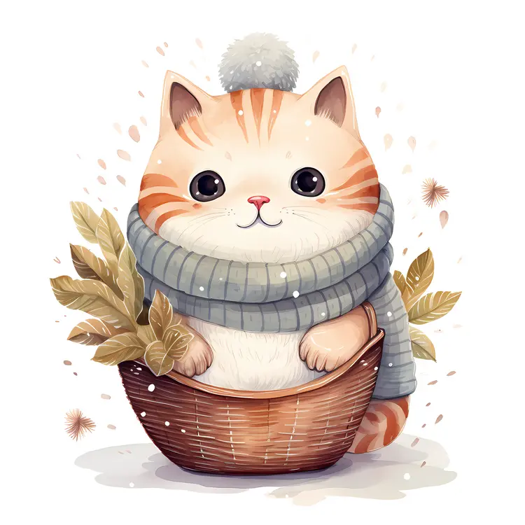 Adorable Kitten in Gray Scarf in Basket