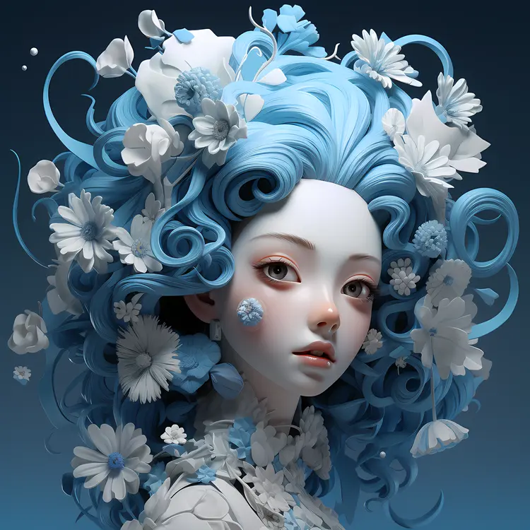 Fantasy Portrait with Blue Hair and Flowers