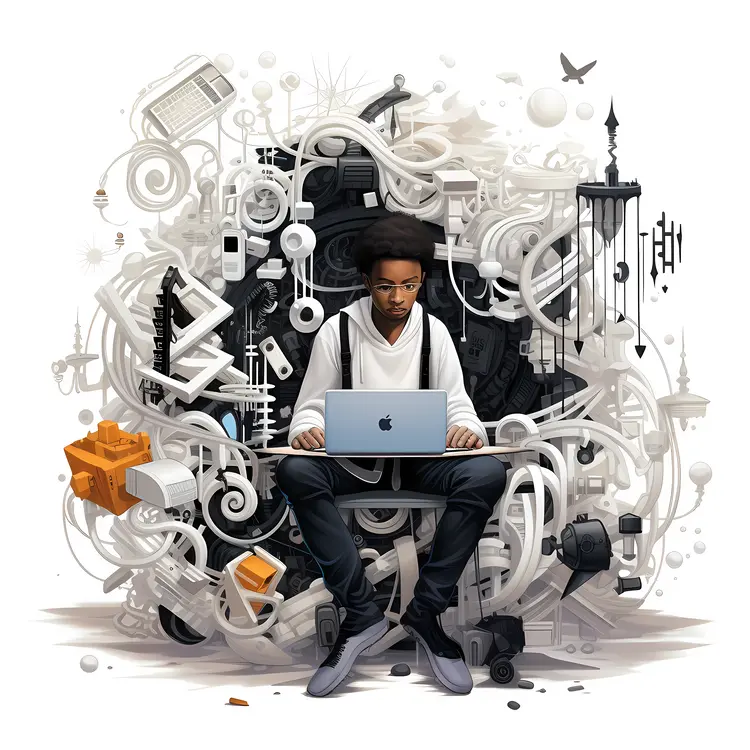 Man Working on Laptop with Creative Background