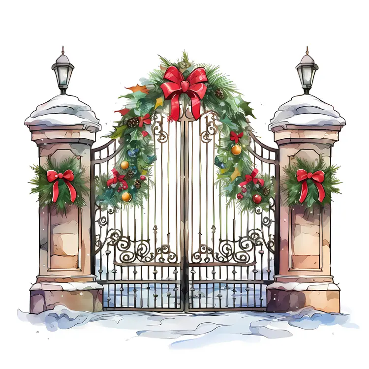 Decorated Gate with Wreath and Bow for Christmas