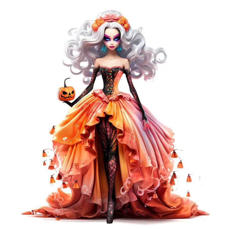 Elegant Woman with Pumpkin in Halloween Costume