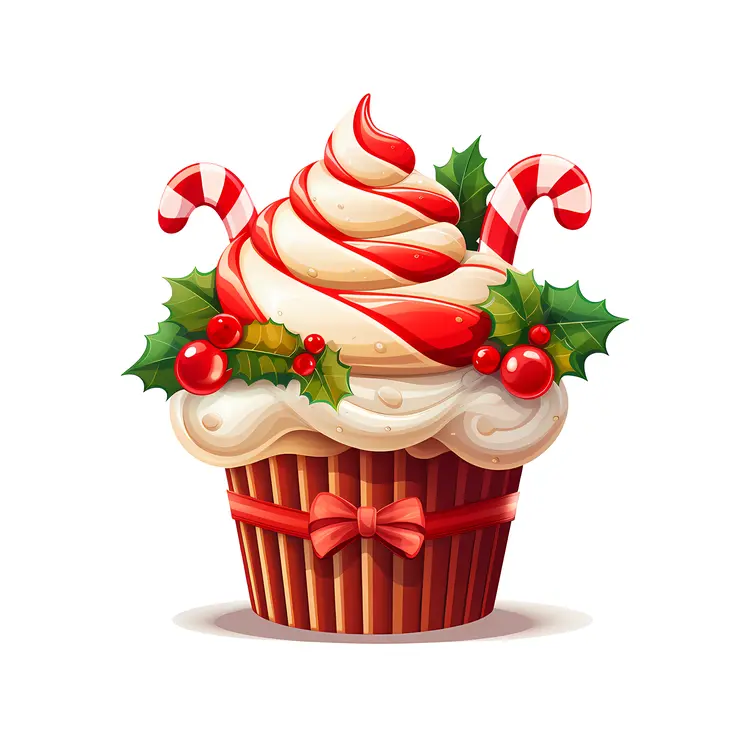 Festive Christmas Cupcake with Candy Cane and Holly
