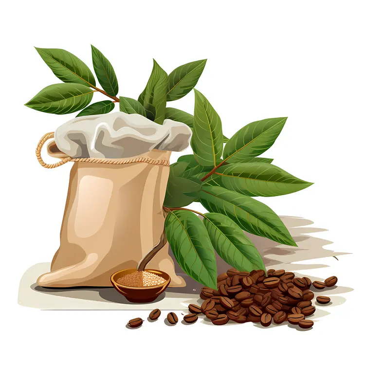 Coffee Beans and Sack with Spoon and Leaves