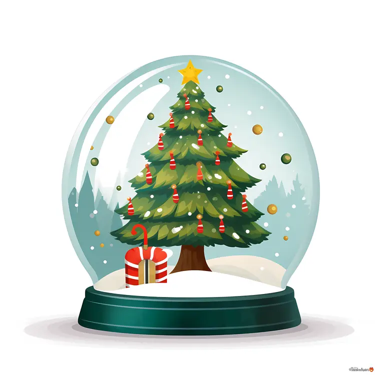 Christmas Tree in Snow Globe with Candy Cane and Gift