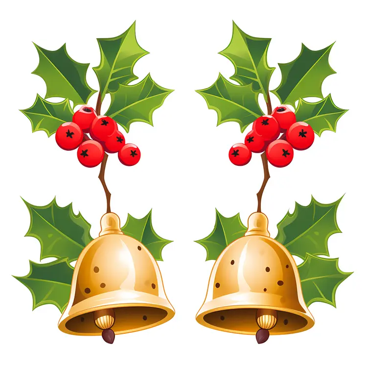 Christmas Bells with Holly Leaves and Red Berries