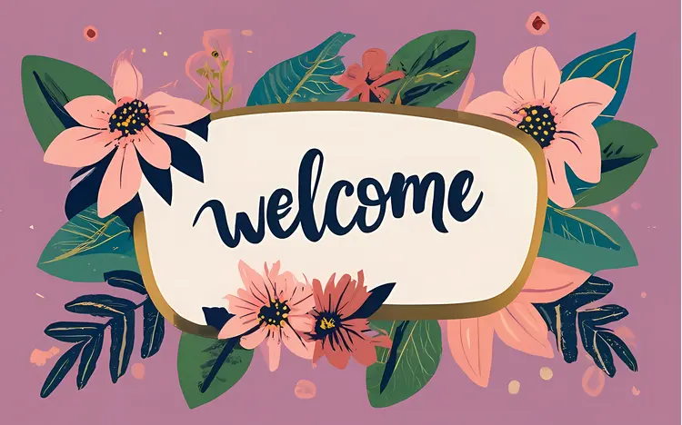 Welcome Text with Pink and Green Floral Design
