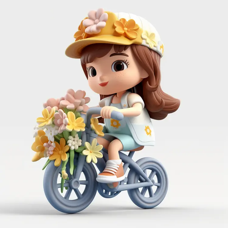 Cute Cartoon Girl Riding a Bicycle with Flowers