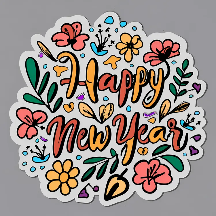 Colorful Happy New Year Greeting Card with Flowers