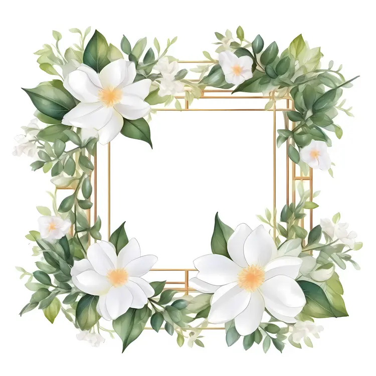 Elegant Floral Frame with White Flowers and Green Leaves