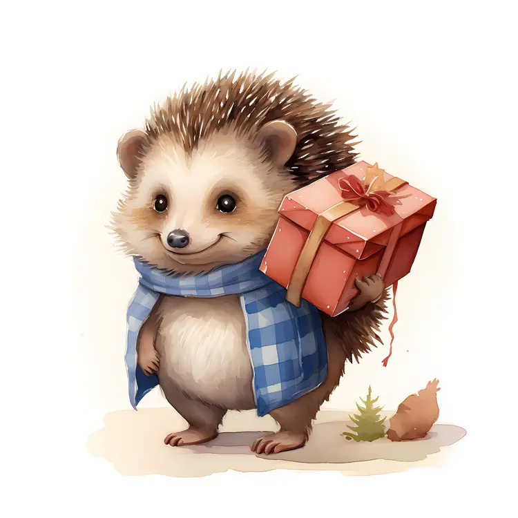 Cute Hedgehog with Blue Scarf Holding a Gift