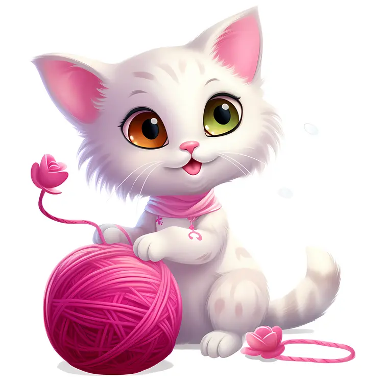 Cute White Cat Playing with Pink Yarn Ball