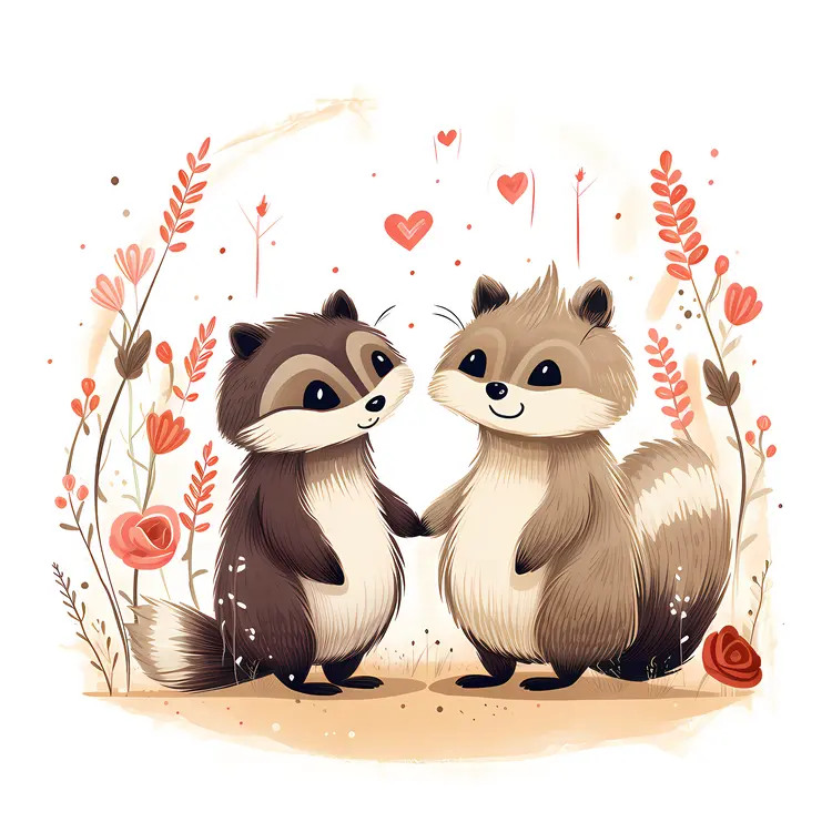 Adorable Raccoons with Floral Background