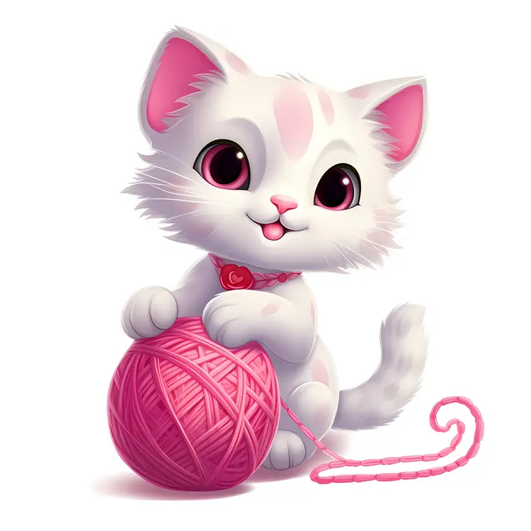 Cute White Cat with Pink Yarn Ball