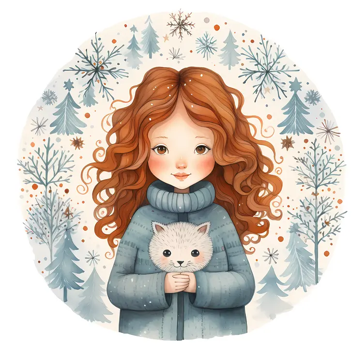 Cute Girl with Cat in Winter