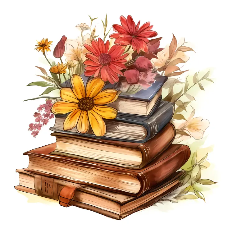 Stack of Books with Colorful Flowers