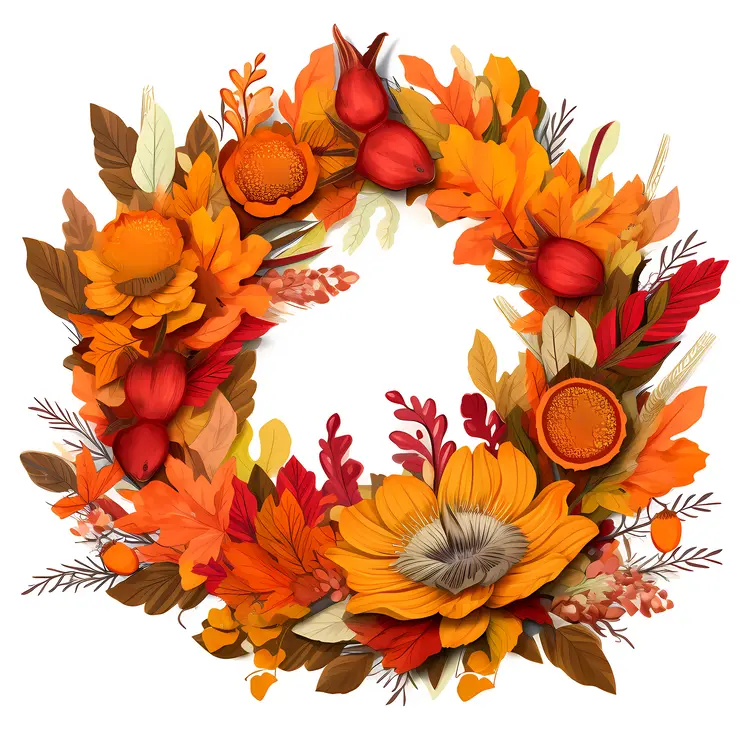 Vibrant Autumn Wreath with Flowers and Leaves
