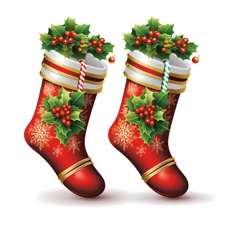 Red Christmas Stockings with Holly and Snowflakes
