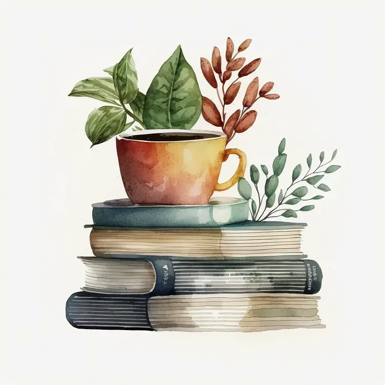 Watercolor Cup with Plants on Stack of Books