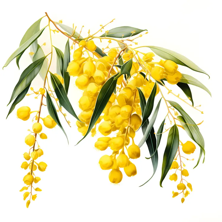 Yellow Flowers on Branch with Leaves