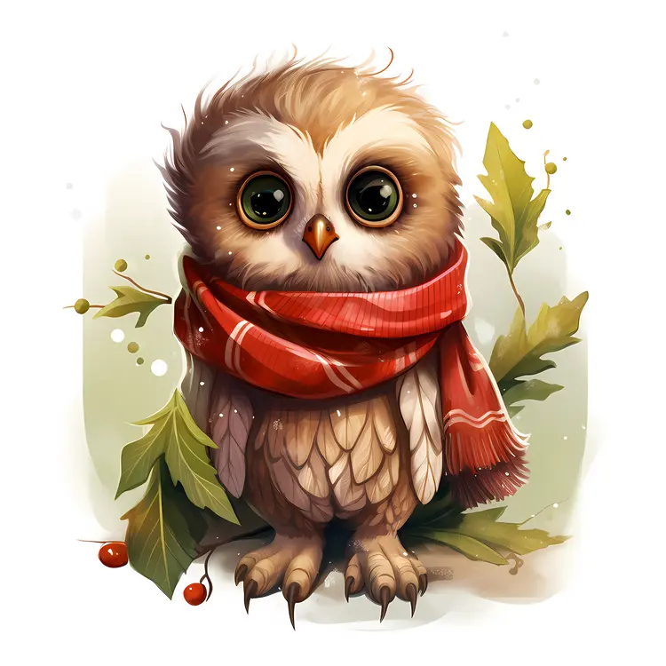 Cute Owl with Red Scarf and Leaves