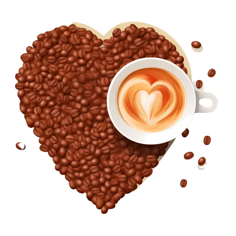 Heart-shaped Coffee Beans and Cup with Latte Art