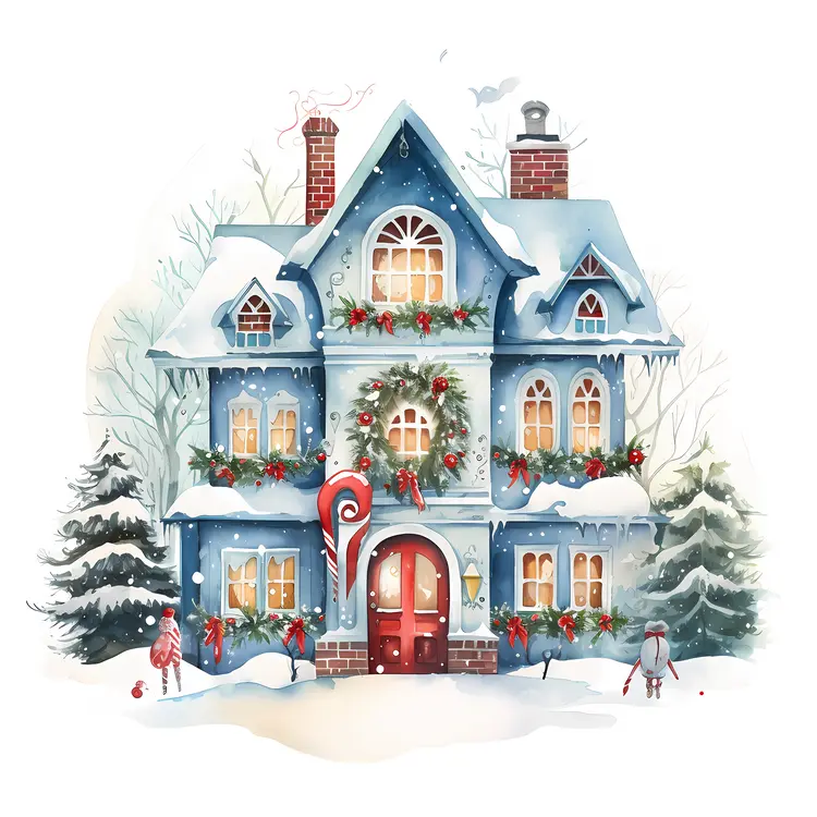 Charming Blue House with Holiday Decorations
