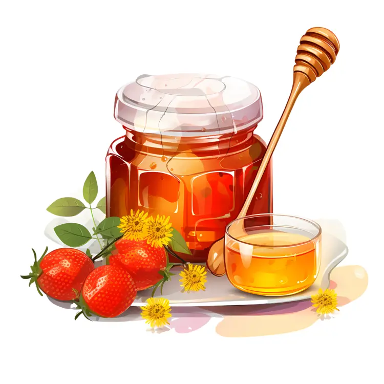 Honey Jar with Strawberries and Flowers