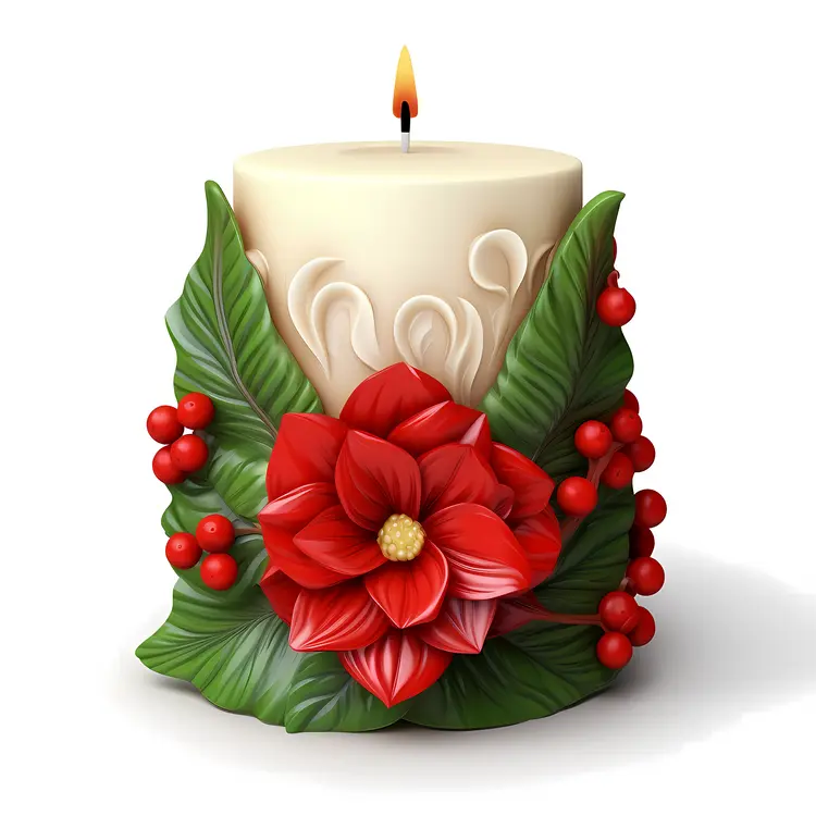 Decorative Candle with Red Flower and Green Leaves
