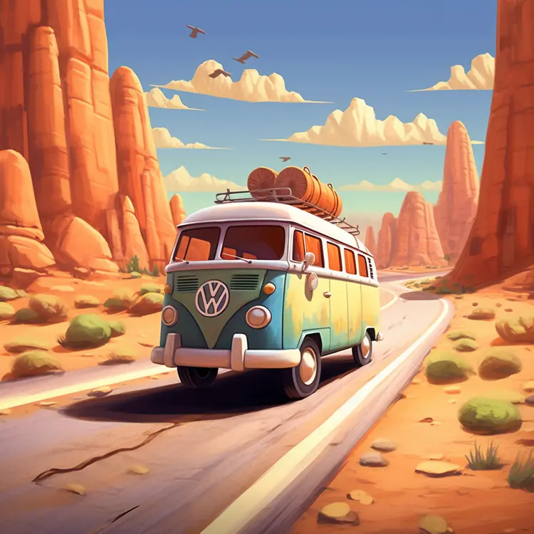 Retro Volkswagen Van on a Desert Road Trip