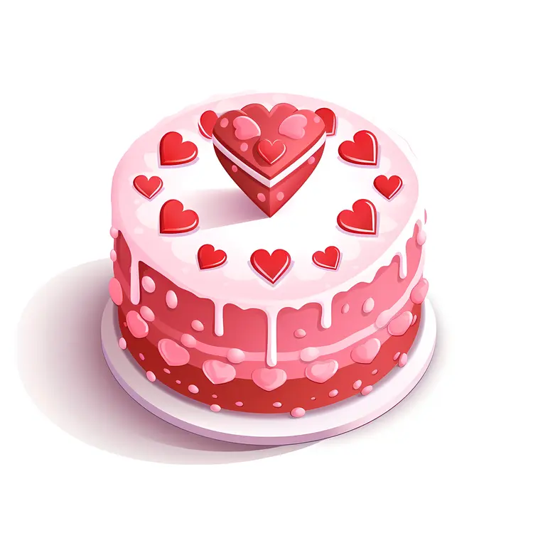 Heart-themed Cake with Pink Icing and Red Hearts