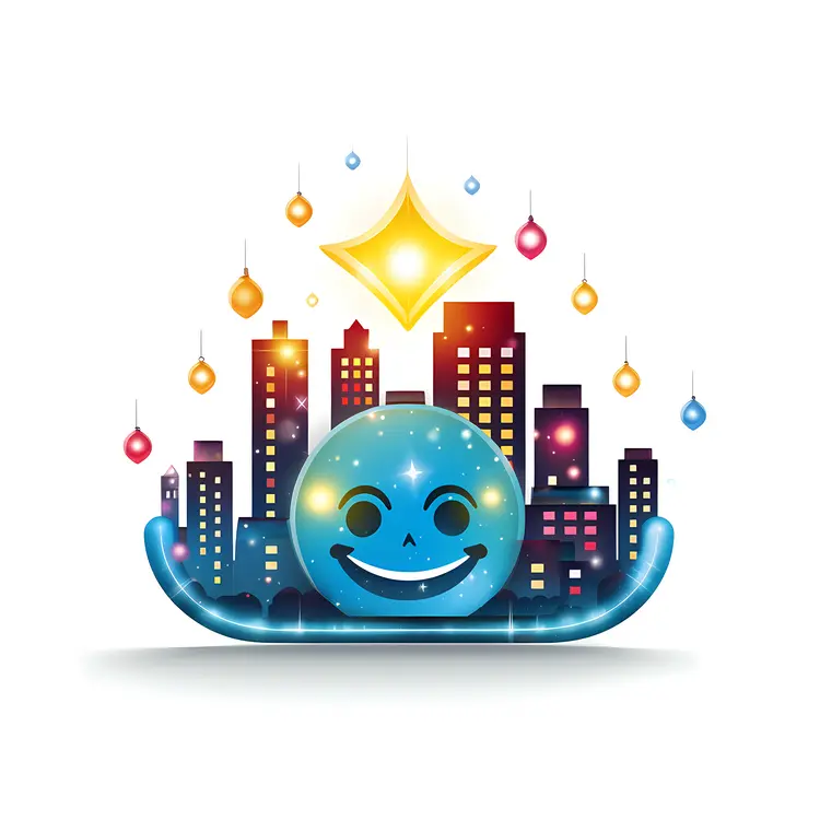 Smiling Blue Ball with Cityscape and Lights