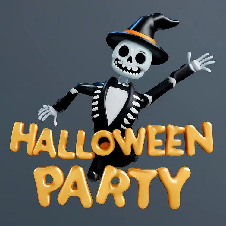 Halloween Party with Skeleton and Witch Hat