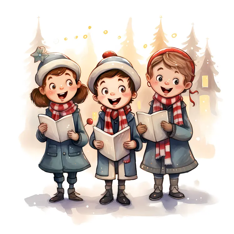 Children Singing Christmas Carols in Winter