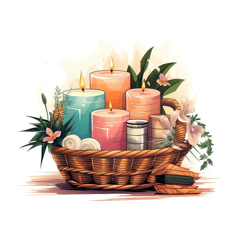 Colorful Candles in Basket with Flowers