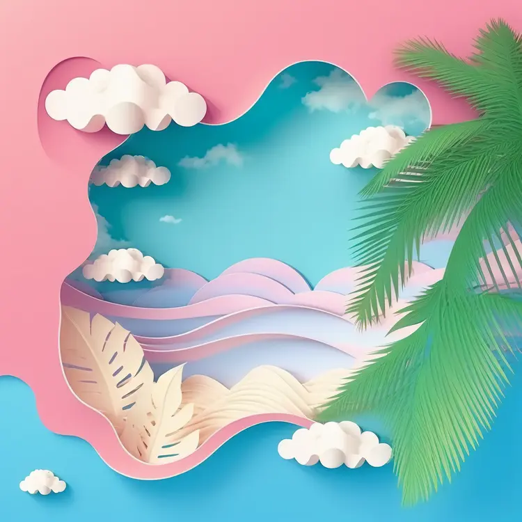 Paper Art Landscape with Palm Tree and Clouds