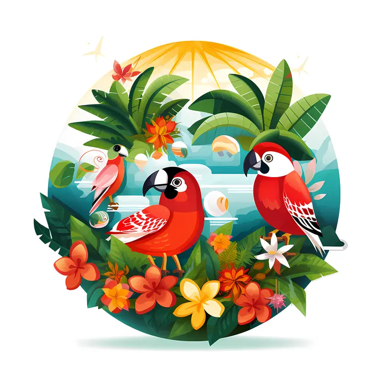 Tropical Parrots with Flowers