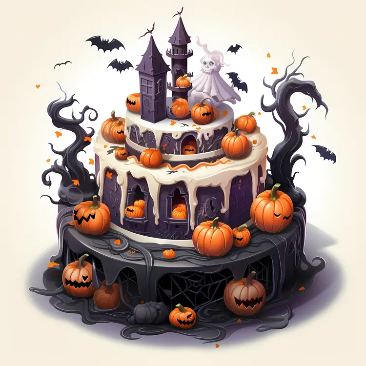Haunted House Halloween Cake with Pumpkins and Ghost