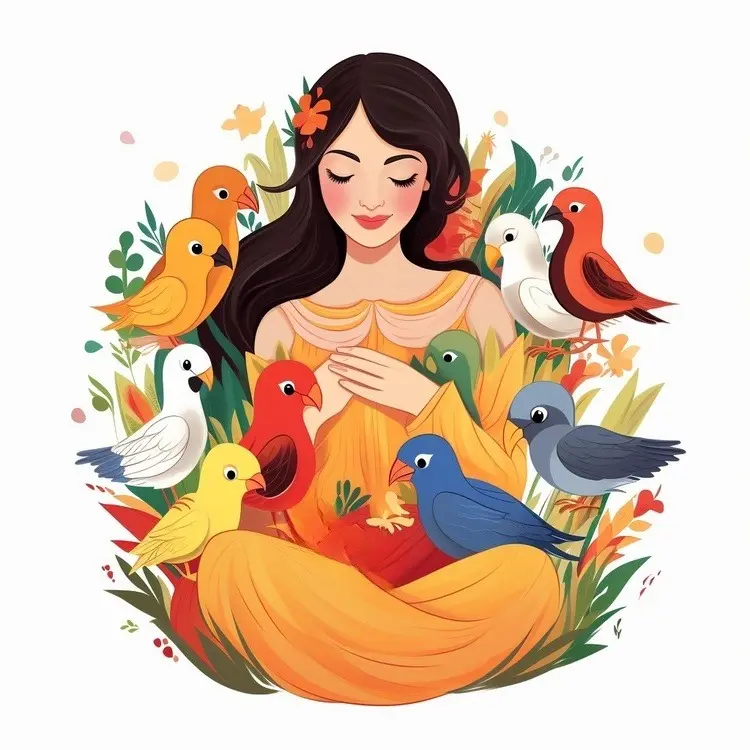 Woman Surrounded by Colorful Birds