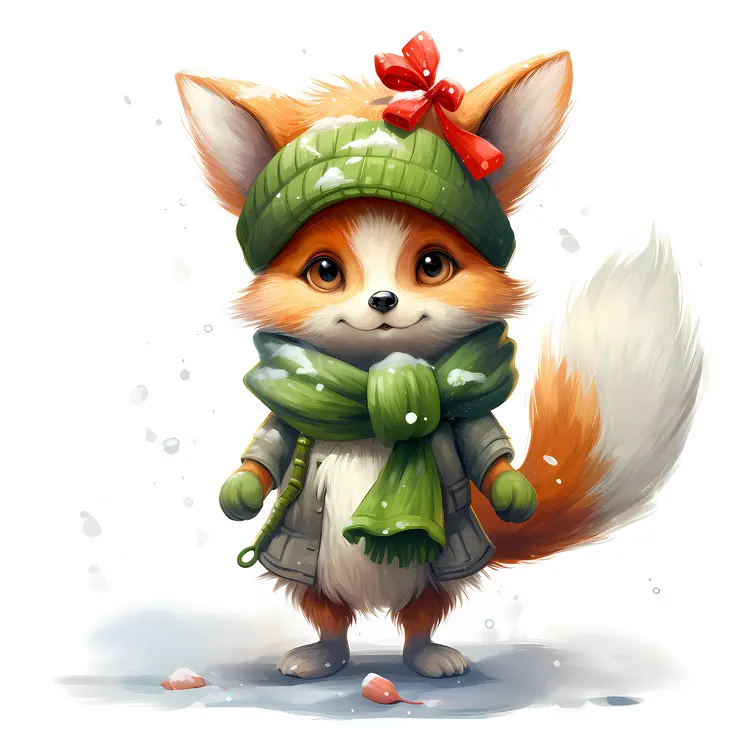 Cute Fox in Green Hat and Scarf