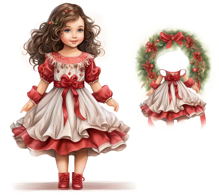 Festive Girl in Red and White Dress with Wreath